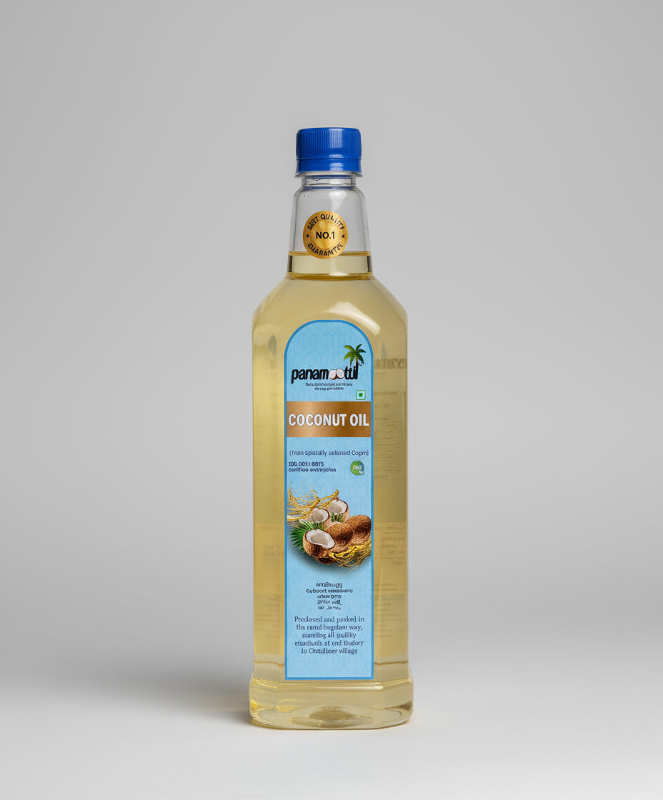 Bottle of Panamoottil coconut oil on a concrete surface with a blurred natural background